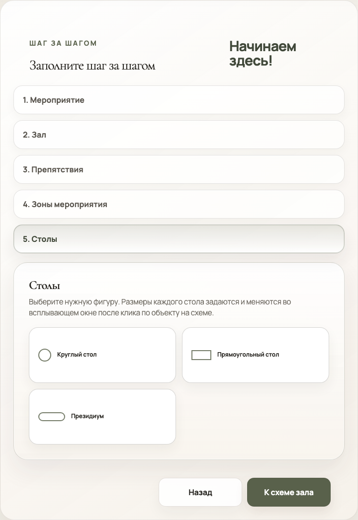 Шаг Столы с выбором круглого стола, прямоугольного стола и президиума